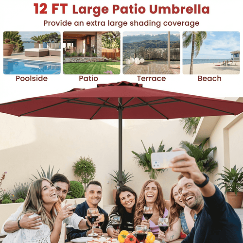 Biotree 12 ft Market Patio Umbrella with Crank and Tilt, 8 Sturdy Ribs, Vented Canopy - Red for Backyard