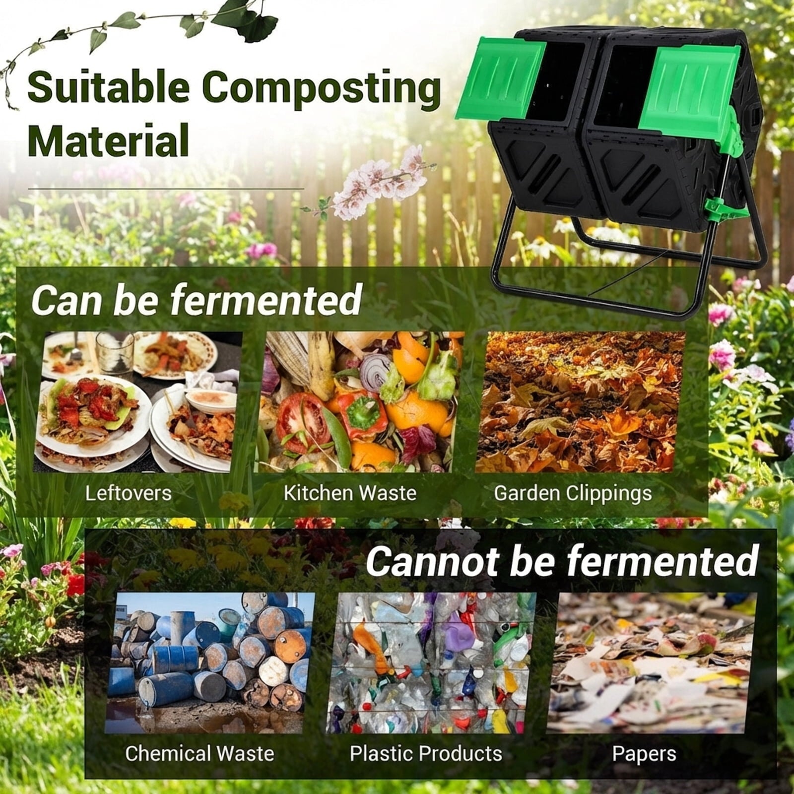 Biotree Dual Chamber Garden Compost Tumbler with Sliding Doors-Black and Green Outdoor Organic Yard Waste