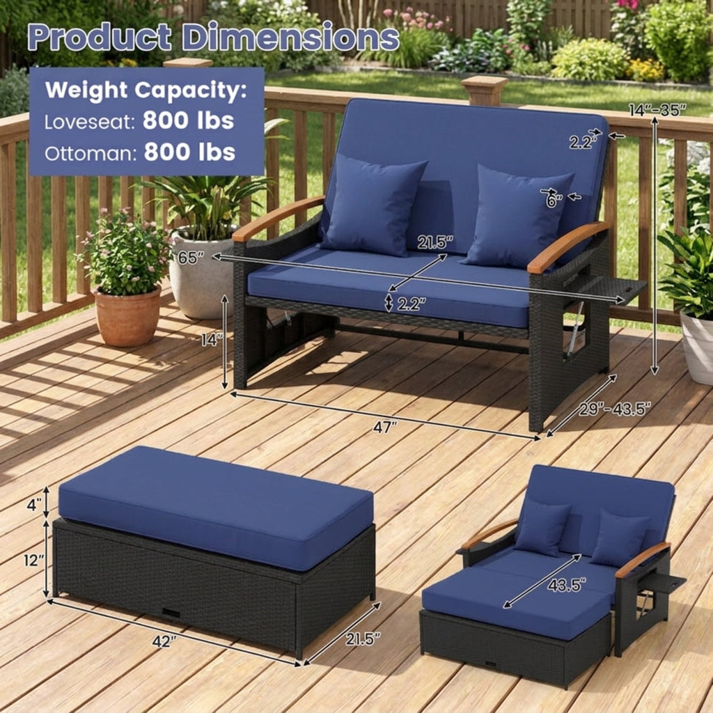 Biotree Outdoor Wicker Daybed with Folding Panels and Storage Ottoman Stackable Patio Chair for Garden BackyardDark Blue