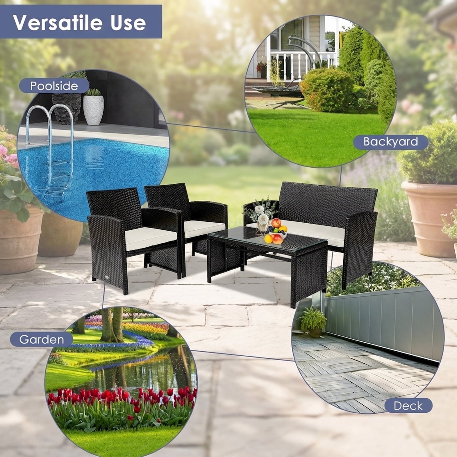 Biotree 4-Piece Patio Rattan Furniture Set with Coffee Table-White