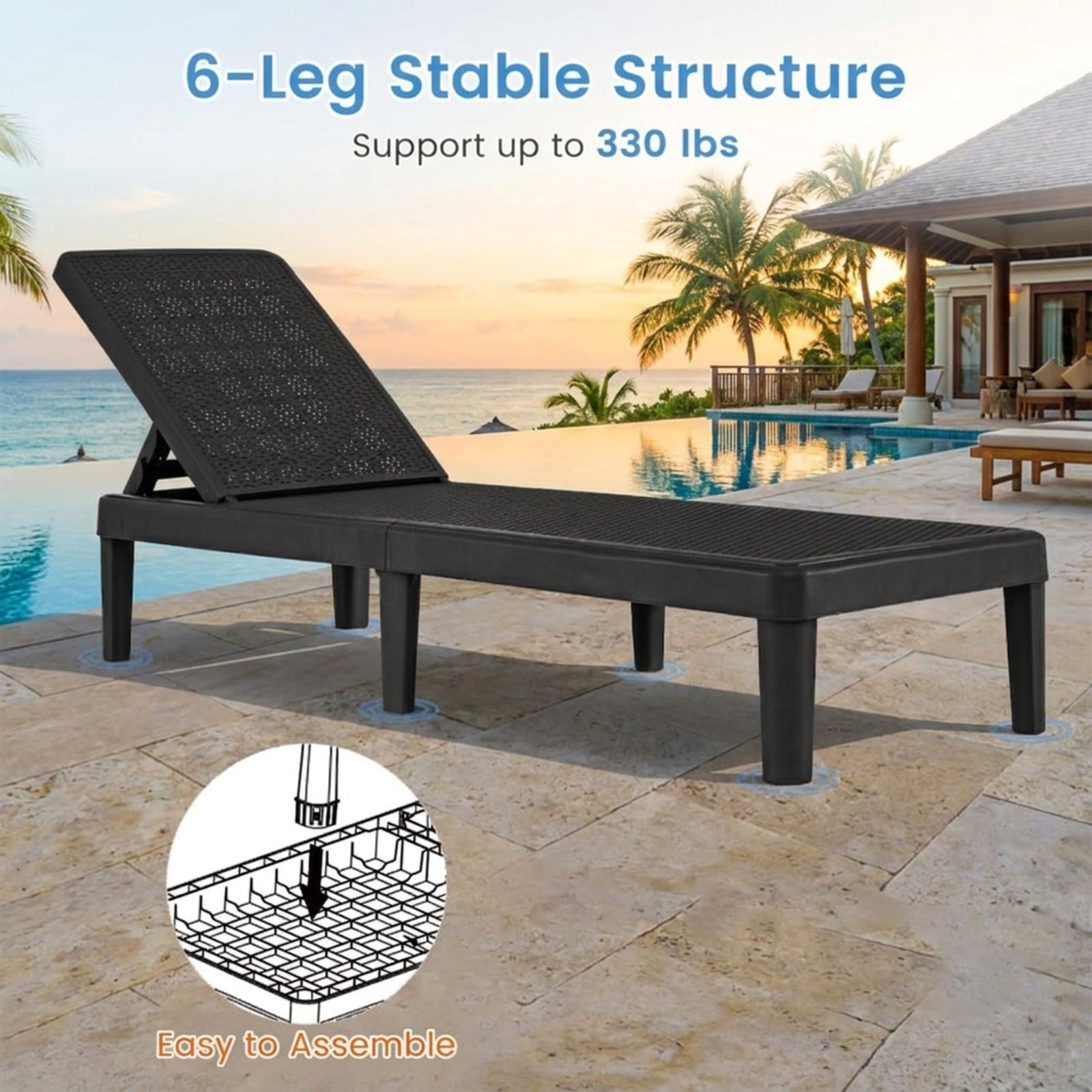 Biotree Outdoor Chaise Lounger Chair with Waterproof Rattan Textured PP Surface and 330 Lbs CapacityBlack