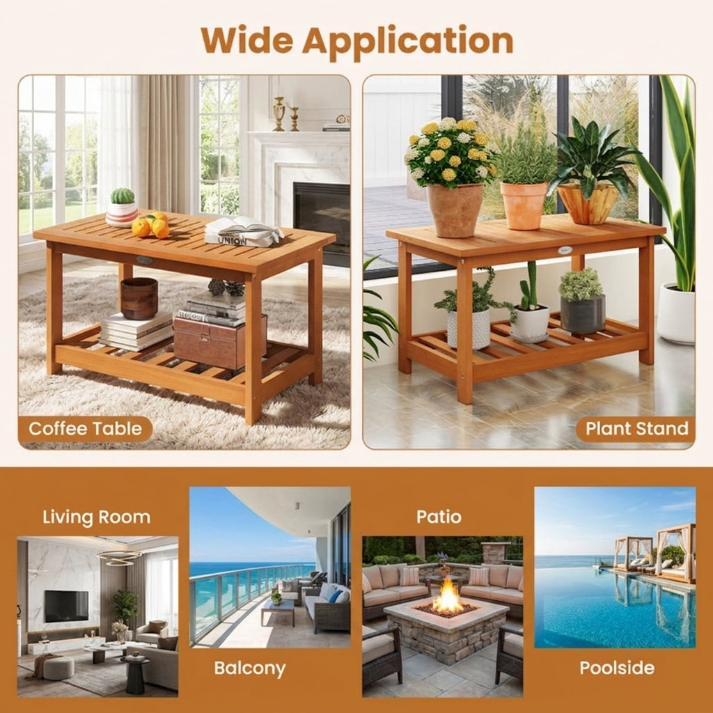 Biotree Patio Acacia Wood Coffee Table 2-Tier Rectangular Center Table, Natural