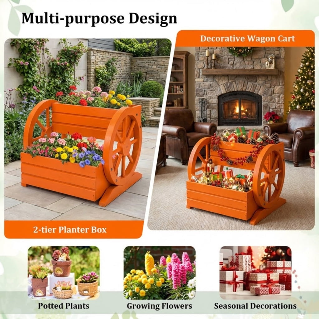 Biotree 2-Tier Raised Garden Bed Rustic Wood Wagon Shape with Drainage Holes and Wheels-Coffee Brown