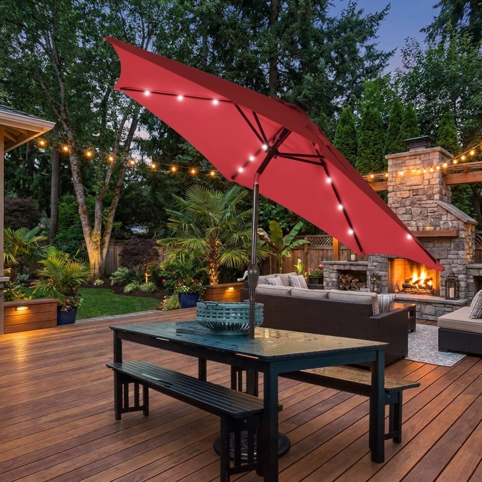 Biotree 9 ft Solar LED Market Patio Umbrella with Crank and Tilt, 6 Sturdy Ribs, Vented Canopy - Walnut