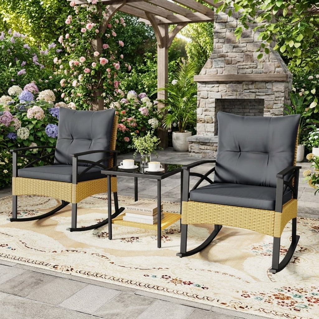 Biotree 3 Pieces Outdoor Rattan Rocking Chairs Set with 2-Tier Side Table for Garden Backyard Outdoor Conversation Set for Garden Backyard PorchGray