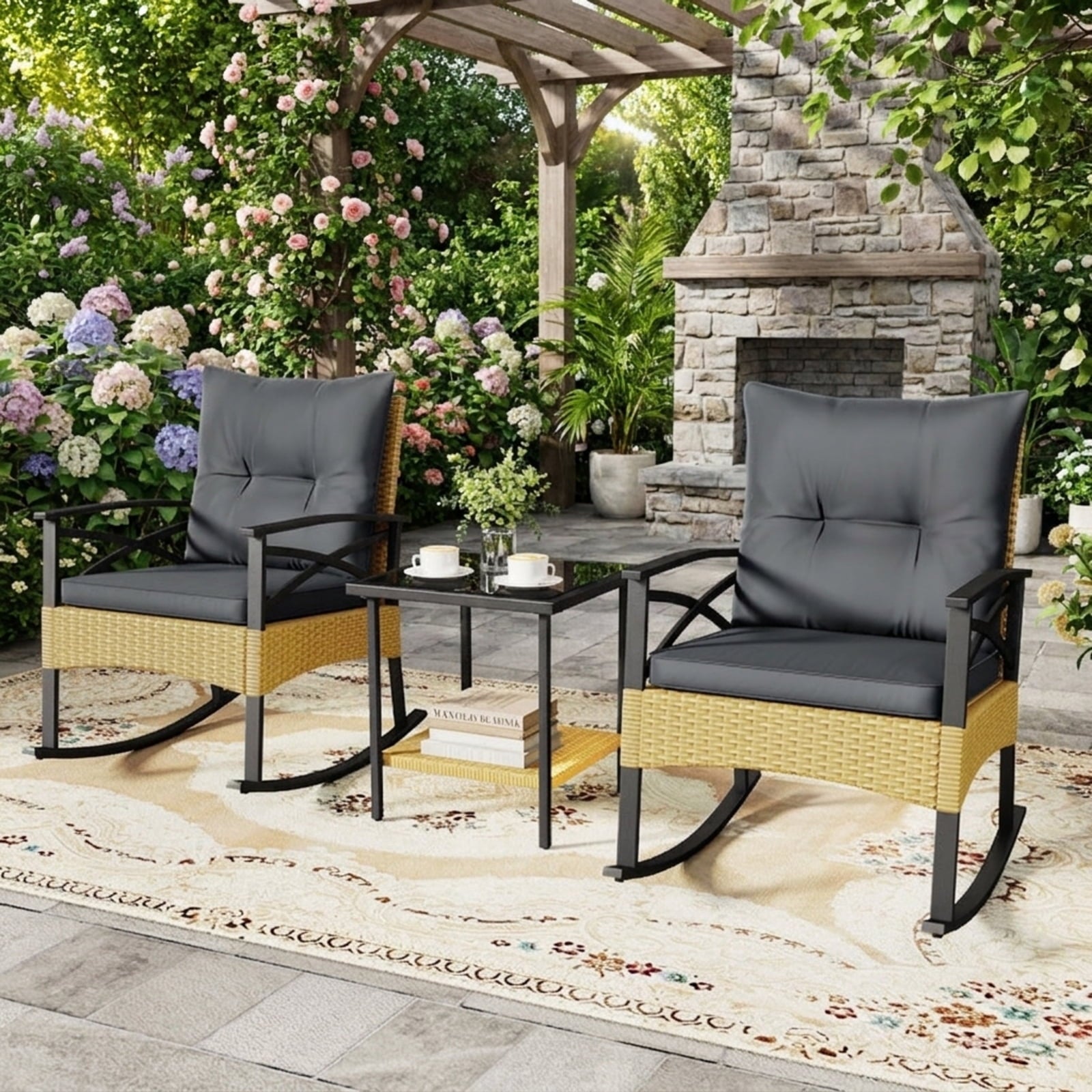 Biotree 3 Pieces Outdoor Rattan Rocking Chairs Set with 2-Tier Side Table for Garden Backyard Outdoor Conversation Set for Garden Backyard PorchGray