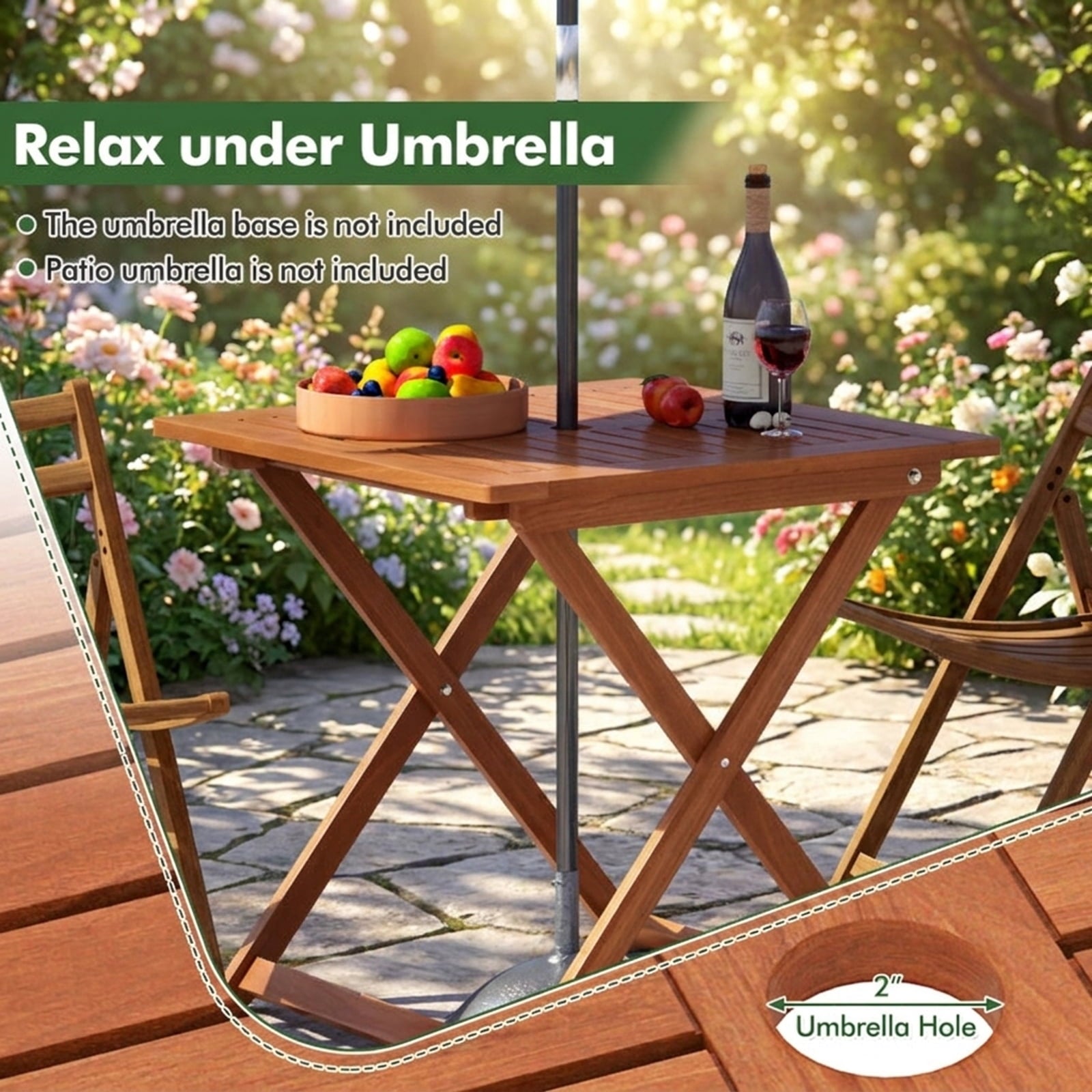 Biotree 29.5 Inch x 29.5 Inch Patio Dining Table with Teak Painting and Umbrella Hole, Teak