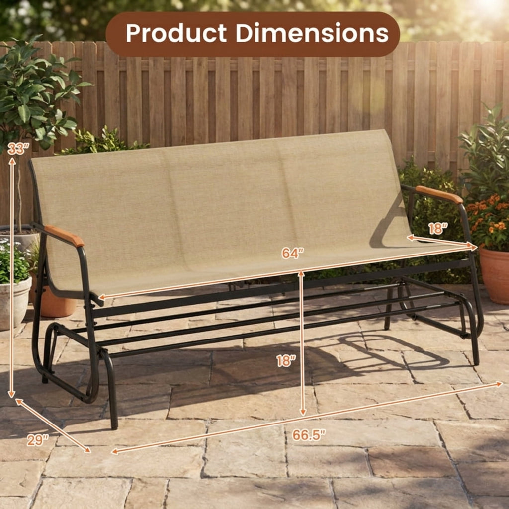 Biotree Patio Glider Bench with Curved Teak Armrests and Breathable Fabric Seat for 3 People Stackable Patio Chair for Garden BackyardBrown