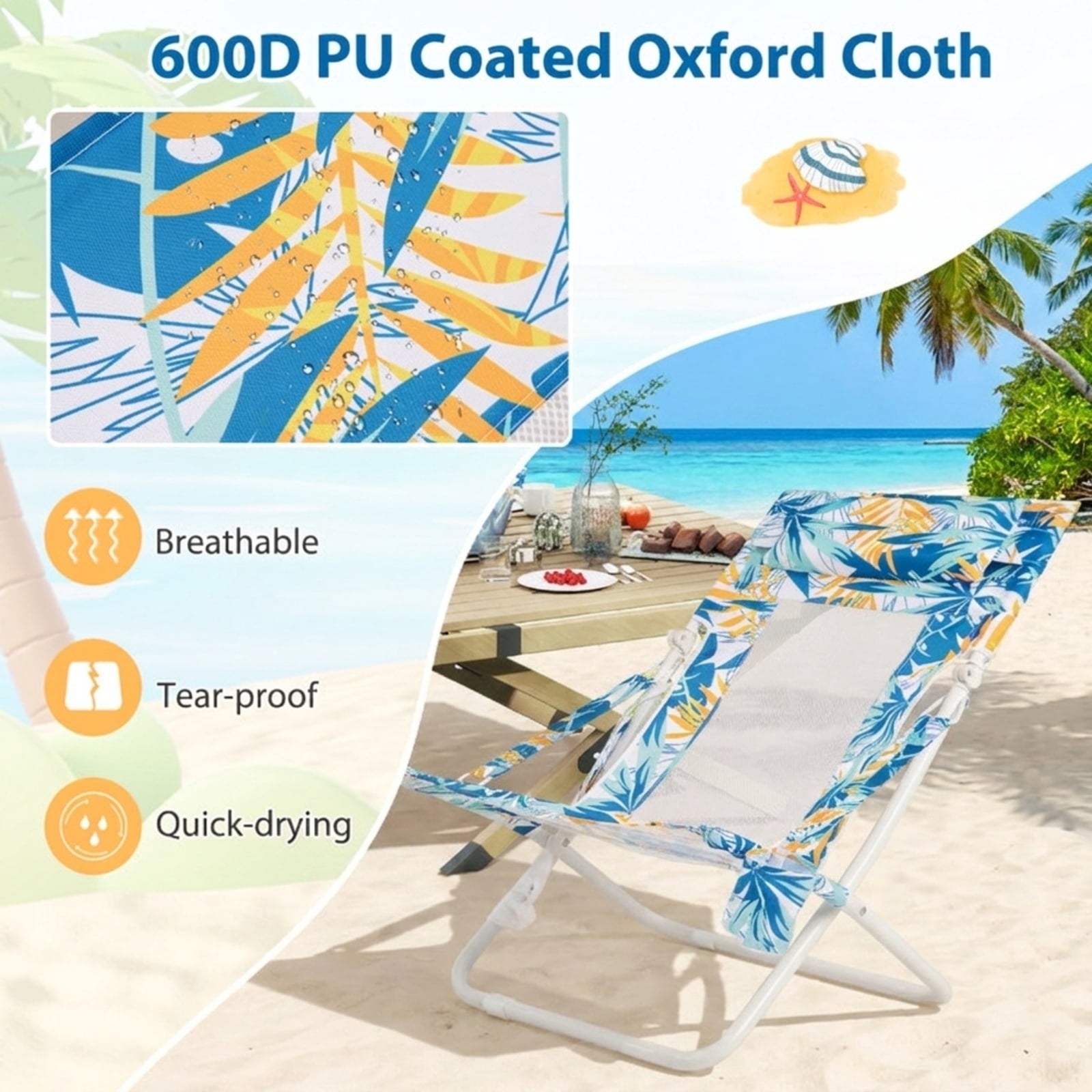 Biotree Folding Low Beach Chair Set of 2 Patio Sling Chairs with Padded Head Pillow Stackable Patio Chair for Garden BackyardBlue