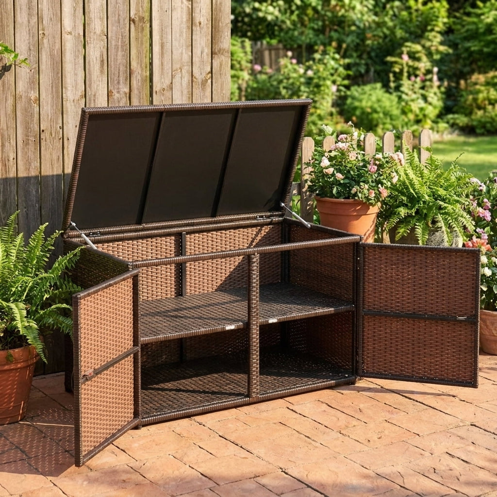 Biotree 88 Gallon Garden Patio Rattan Storage Container Box Outdoor Waterproof for Patio Deck Garden Cushions, Brown
