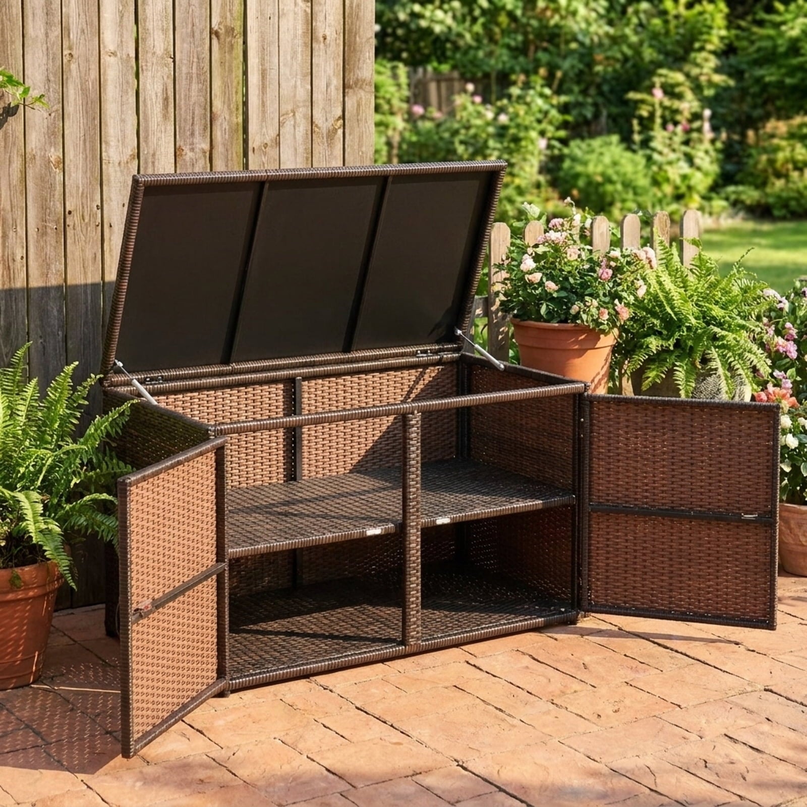 Biotree 88 Gallon Garden Patio Rattan Storage Container Box Outdoor Waterproof for Patio Deck Garden Cushions, Brown