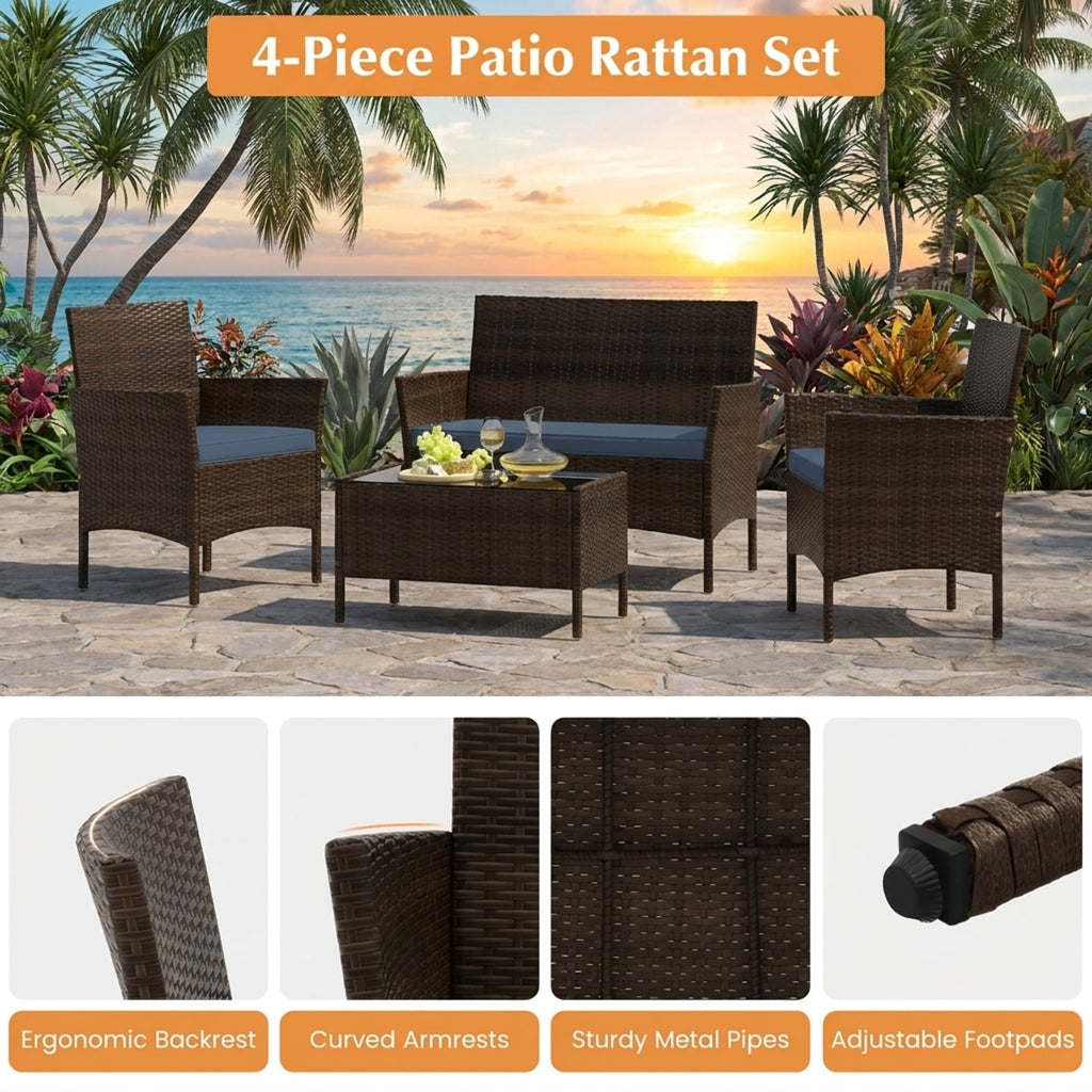 Biotree 4 Piece Patio Rattan Conversation Set with Cozy Seat Cushions Outdoor Conversation Set for Garden Backyard PorchGray