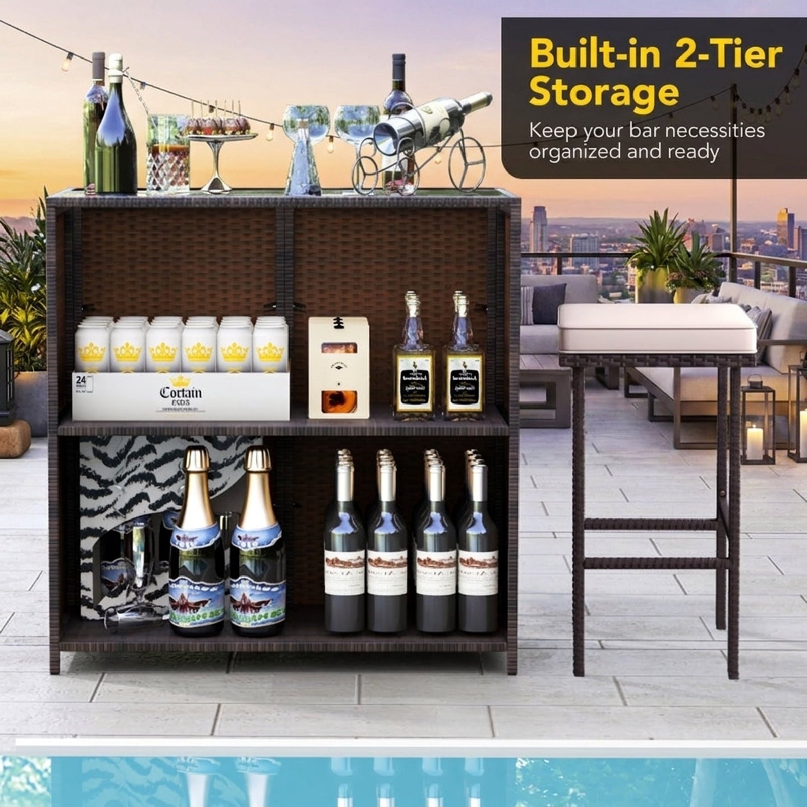 Biotree 3-Piece Patio Rattan Bar Set with Glass Table and Cushioned Stools, White - Outdoor Patio Bar Height Furniture Set for Deck Garden