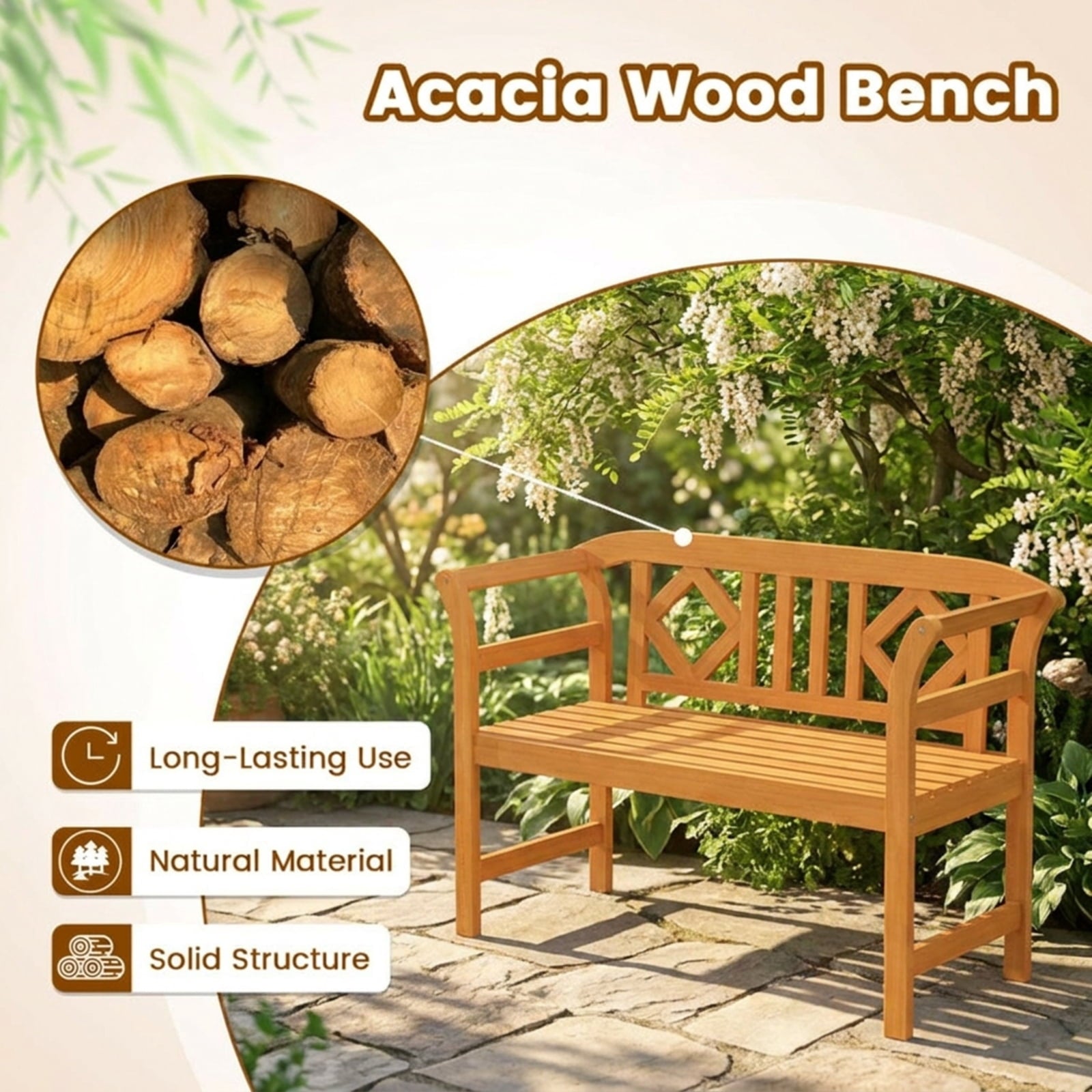 Biotree Acacia Wood 2-Person Patio Loveseat with Backrest and Armrests for Porch Stackable Patio Chair for Garden BackyardNatural