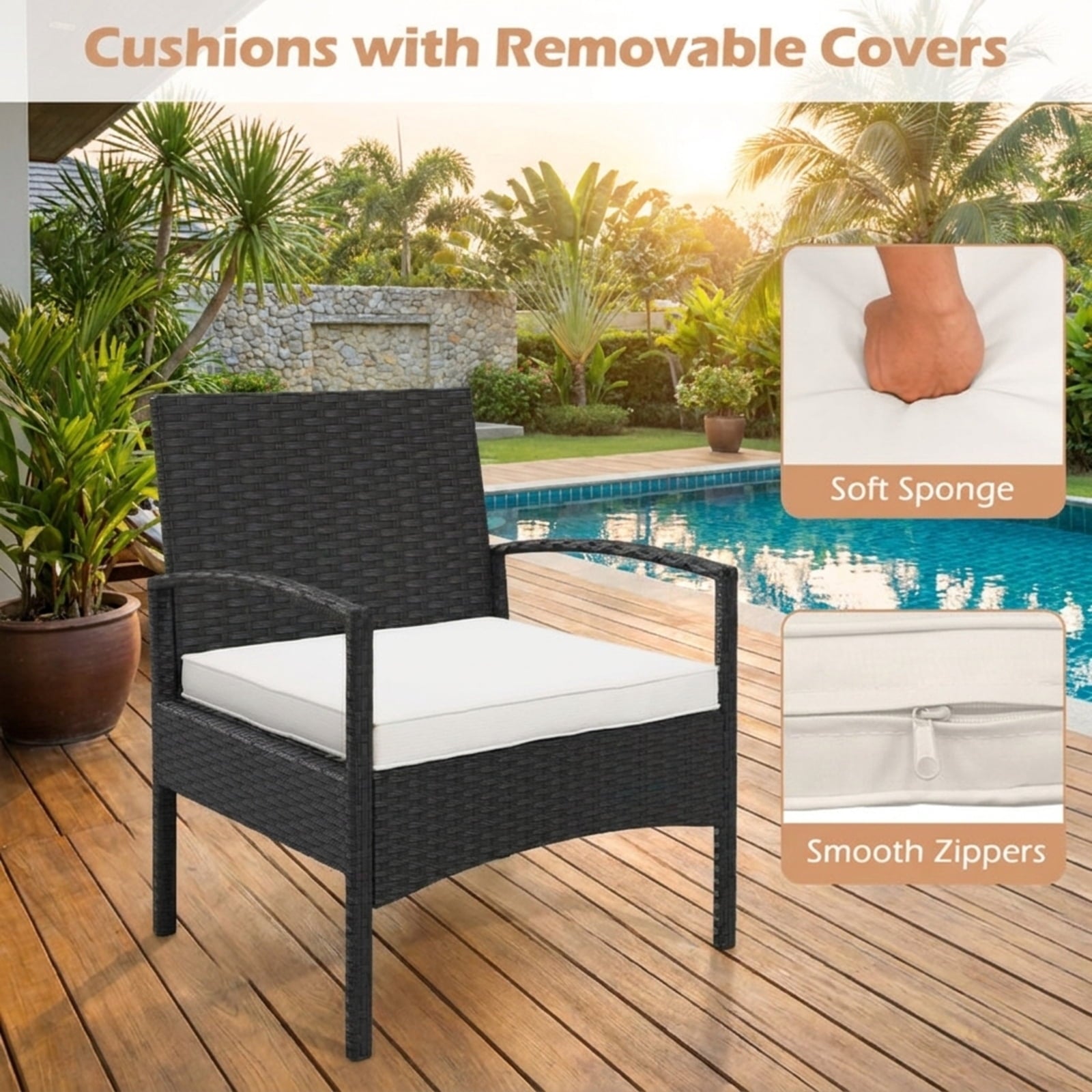 Biotree 3-Piece Patio Furniture Set Rattan Bistro Chairs with Table Outdoor Conversation Set for Garden Backyard PorchBeige
