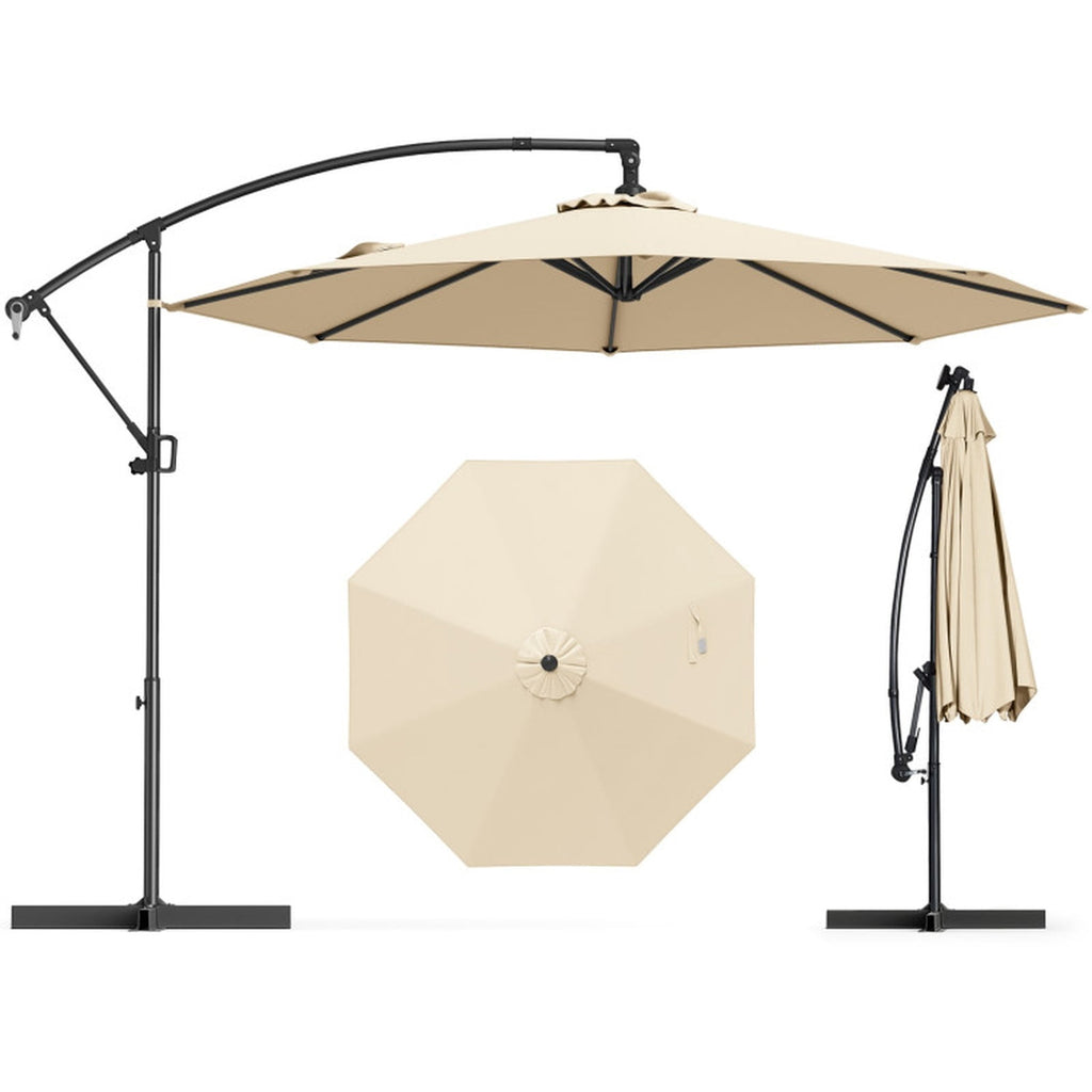 Biotree 10 ft Cantilever Patio Umbrella Offset Hanging with Cross Base, 8 Ribs - Beige for Backyard Garden Poolside