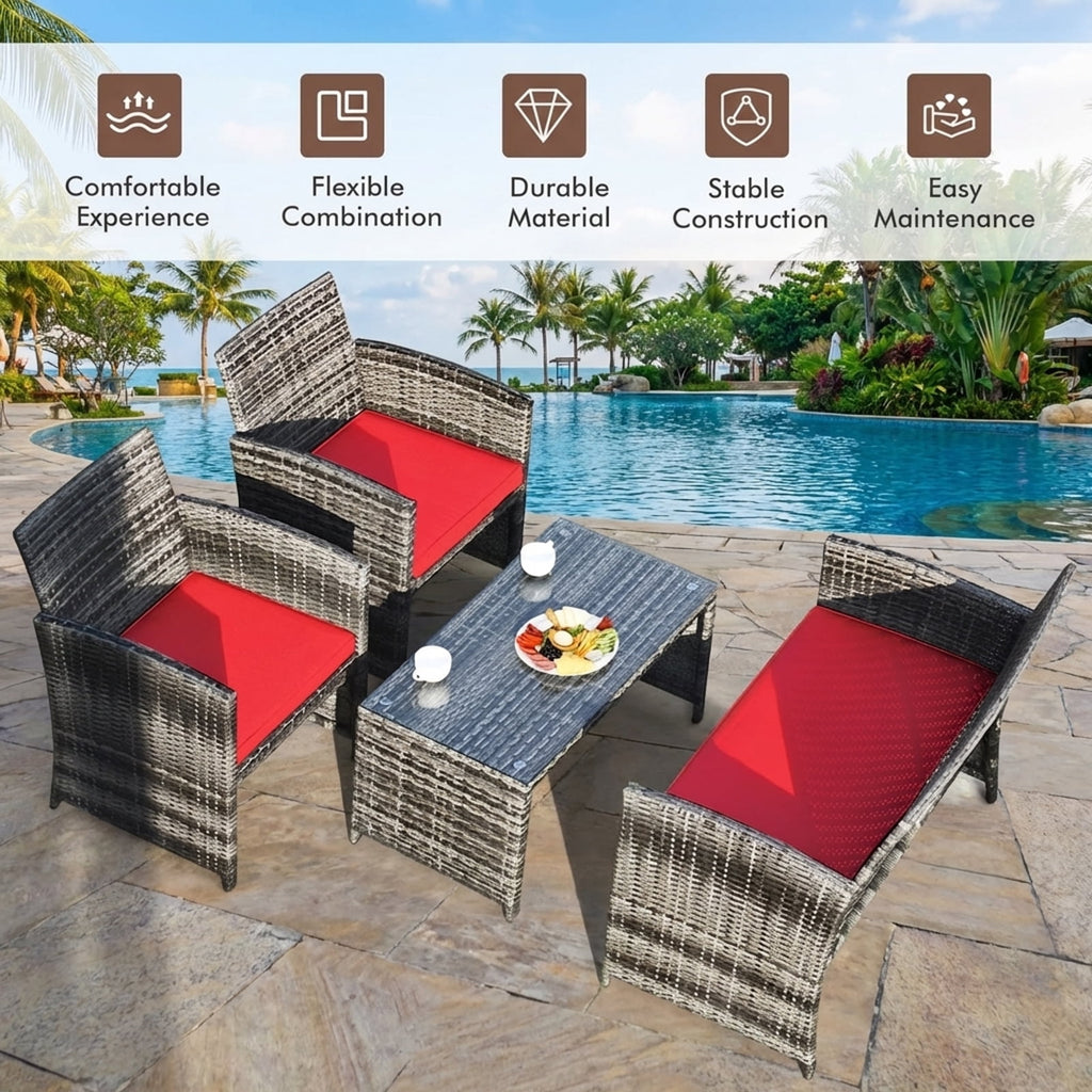 Biotree 4-Piece Patio Rattan Furniture Set with Cushions-Red