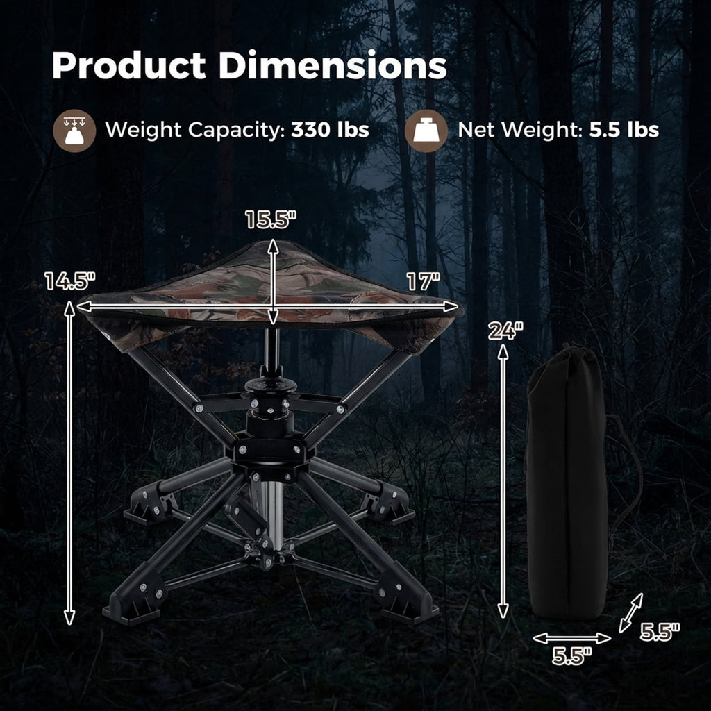 Biotree Folding 360 Degree Swivel Camping Stool with Anti-Sink Feet Portable Hunting Chair with Carry Bag for Outdoor, Camouflage