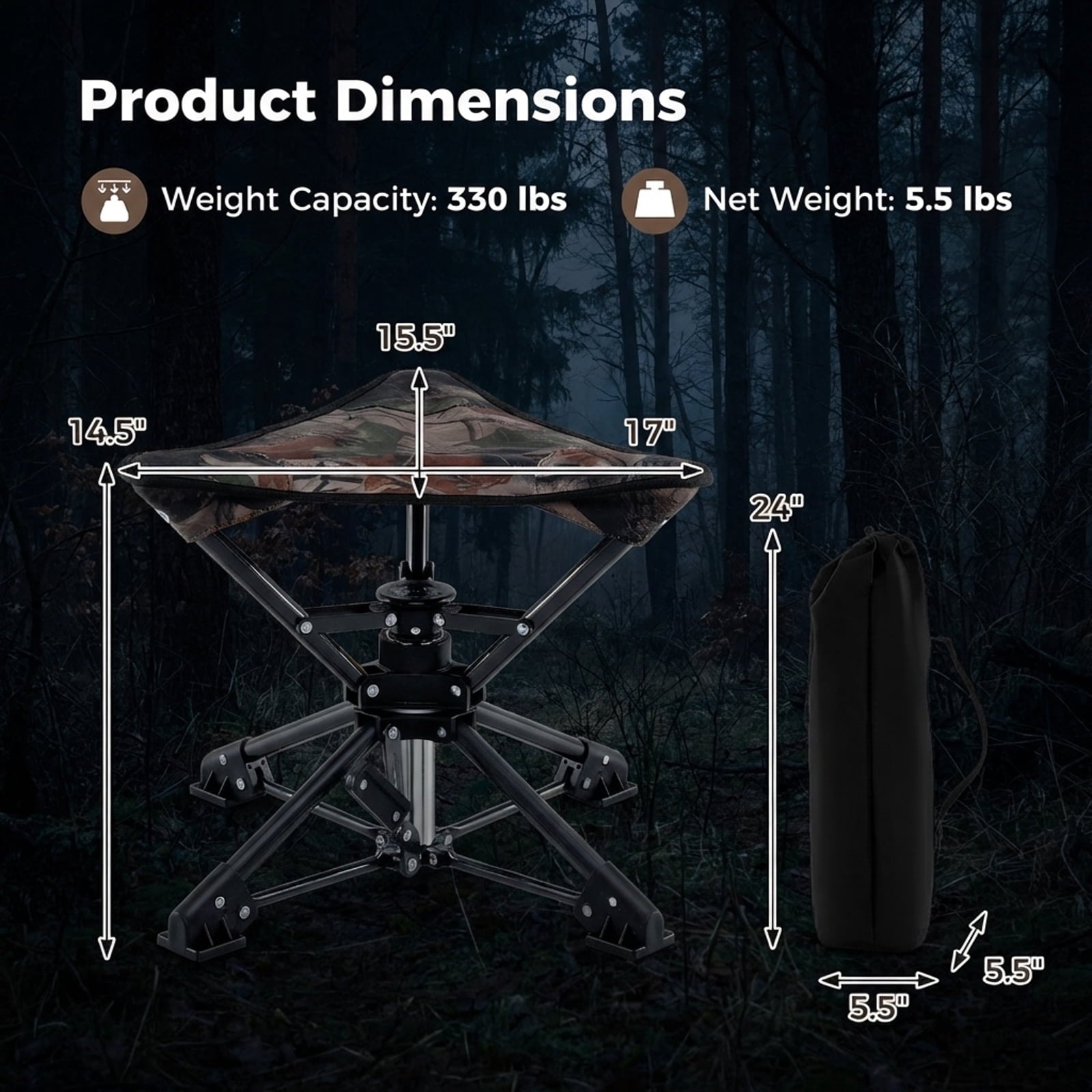 Biotree Folding 360 Degree Swivel Camping Stool with Anti-Sink Feet Portable Hunting Chair with Carry Bag for Outdoor, Camouflage