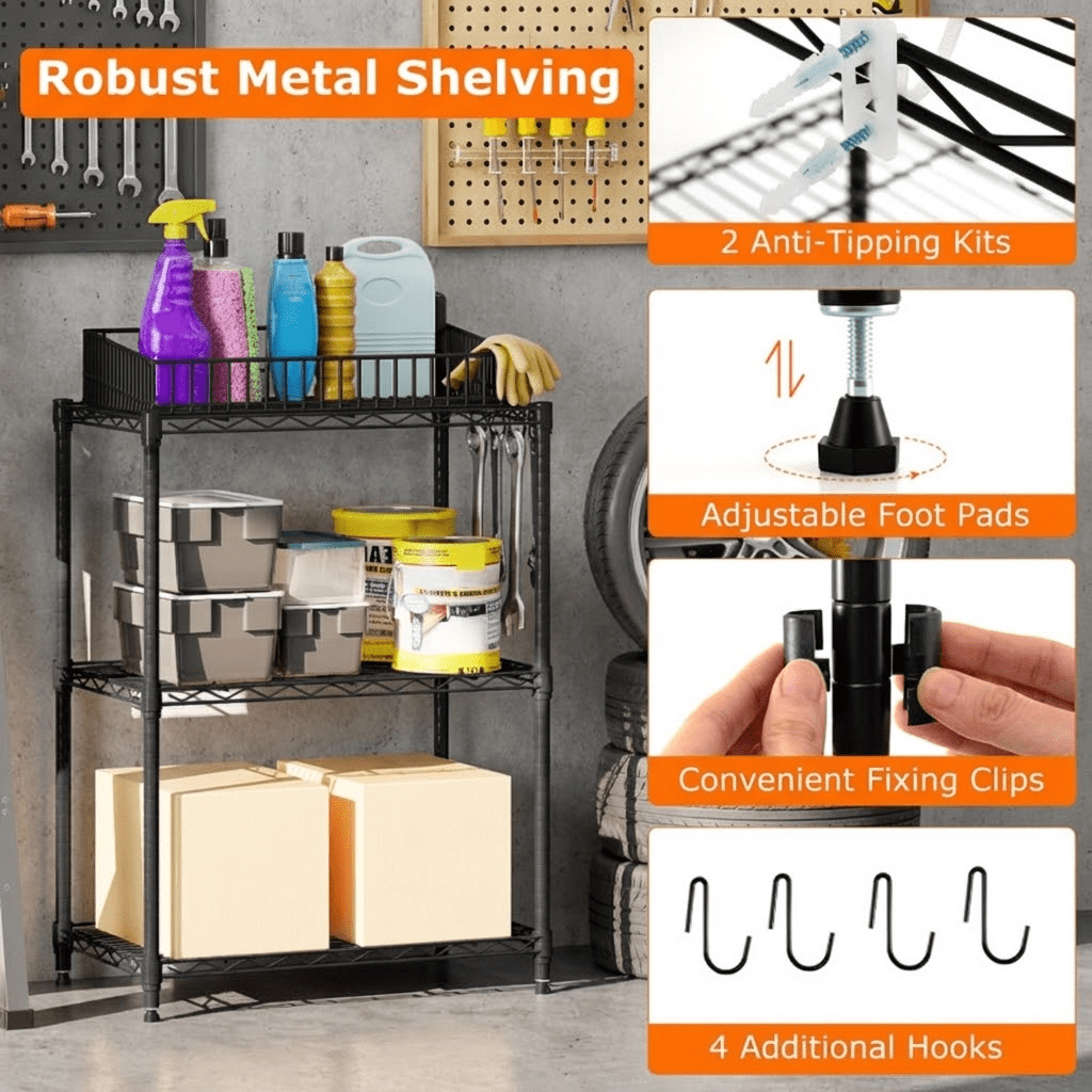 Biotree 3-Tier Metal Storage Shelving Unit with V-Shaped Wire Rack, 450 LBS Capacity Garage Storage Shelves Utility Rack for Kitchen Pantry Basement Office, Black