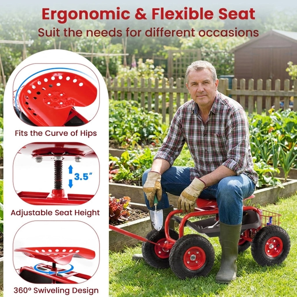 Biotree 4-Wheel Rolling Garden Cart Work Seat for Garden Yard Lawn Work Outdoor, Red
