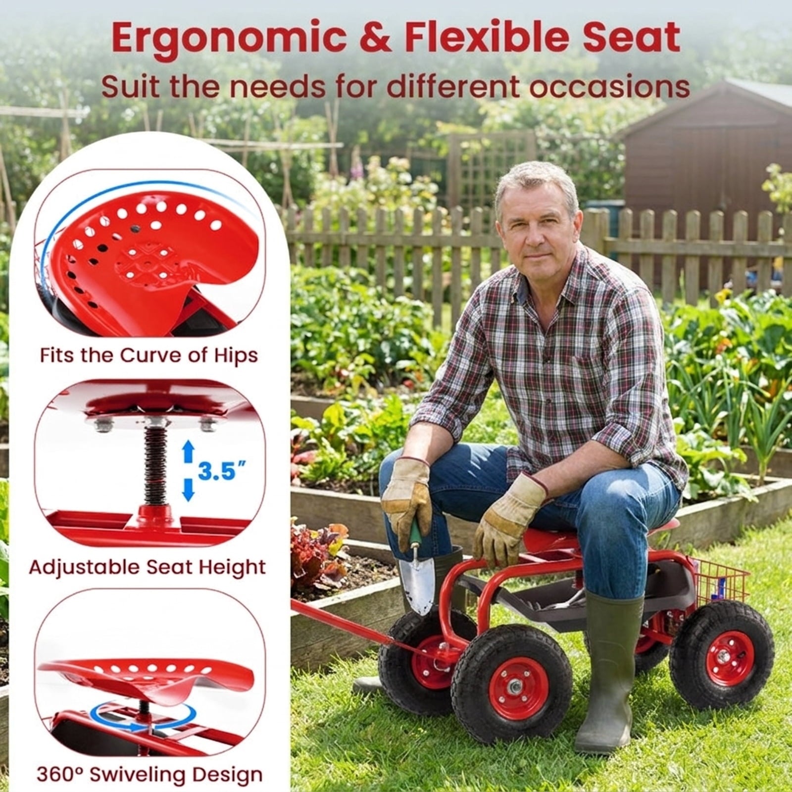 Biotree 4-Wheel Rolling Garden Cart Work Seat for Garden Yard Lawn Work Outdoor, Red