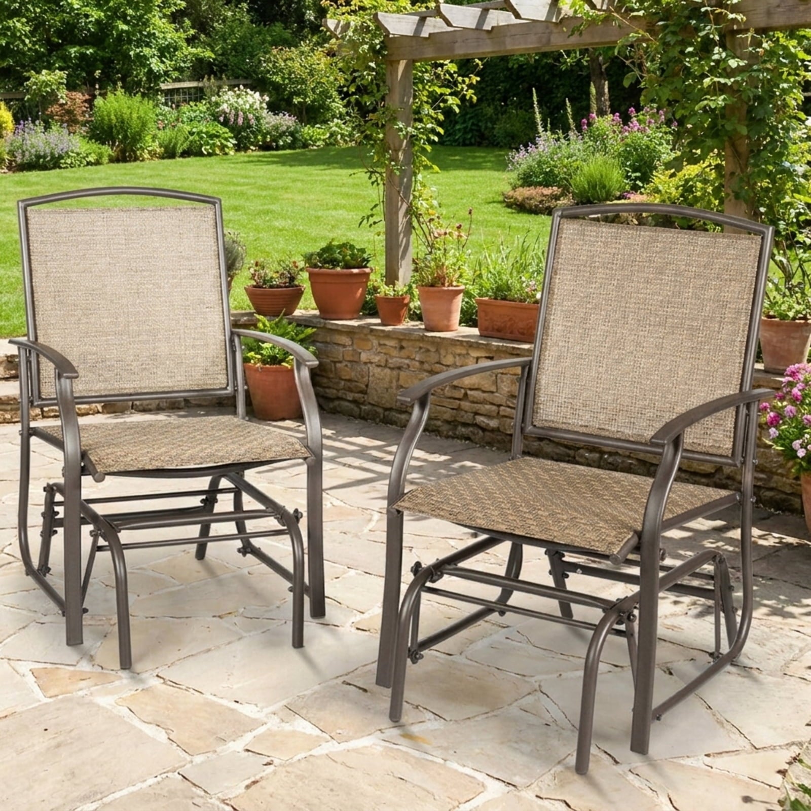 Biotree 2 Pieces Patio Swing Single Glider Chair Rocking Seating Stackable Patio Chair for Garden BackyardBrown