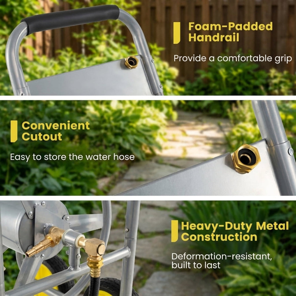 Biotree Garden Hose Reel Cart 4 Wheels Heavy-Duty Metal Water Hose Organizer Portable for Garden Yard Lawn Watering Outdoor, Silver