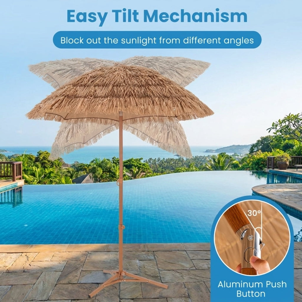 Biotree 6 ft Thatched Tiki Patio Umbrella Crank Tilt Outdoor Shade - Natural - UV Protection with Cross Base