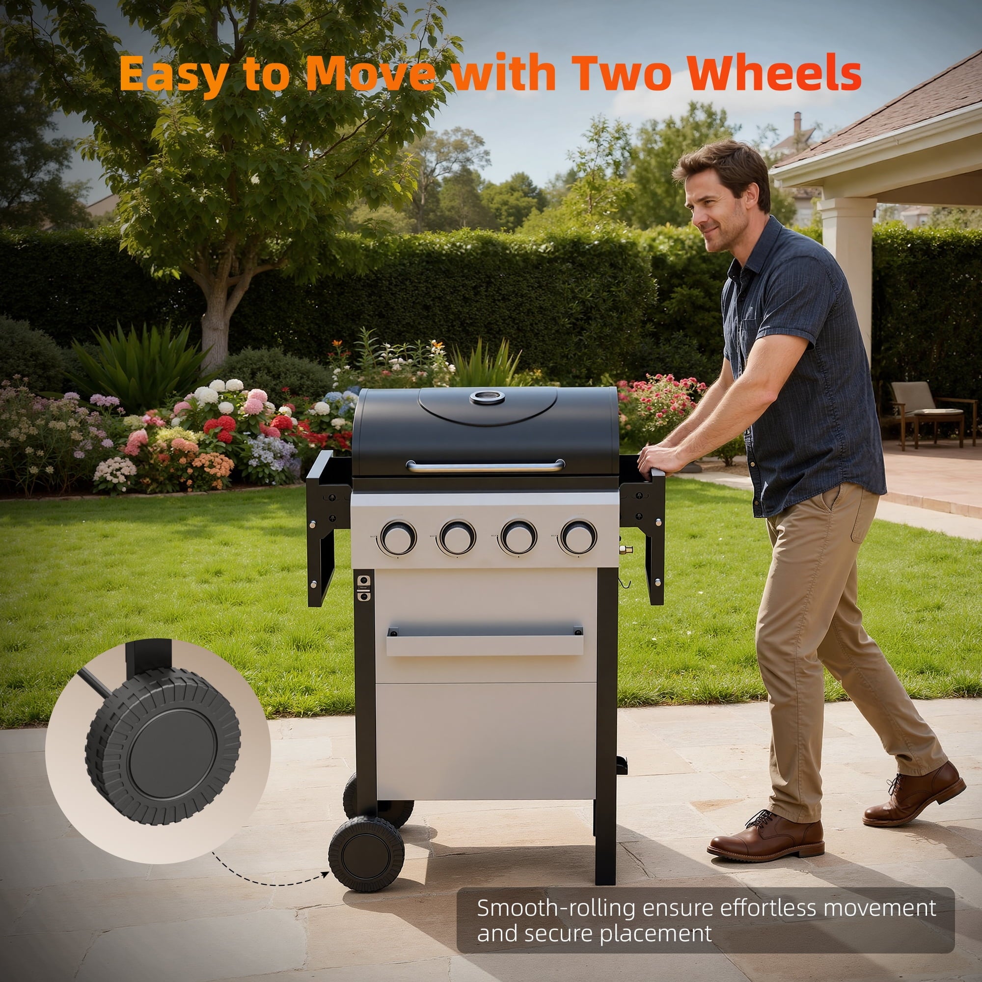Biotree 4 Burner BBQ Propane Gas Grill, Stainless Steel 34,000 BTU Patio Garden Barbecue Grill with Two Foldable Shelves