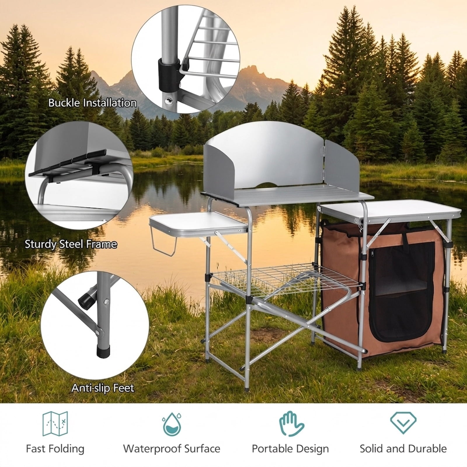 Biotree Foldable Outdoor BBQ Portable Grilling Table with Windscreen and Carry Bag Camping Grill Table for Cooking, Silver