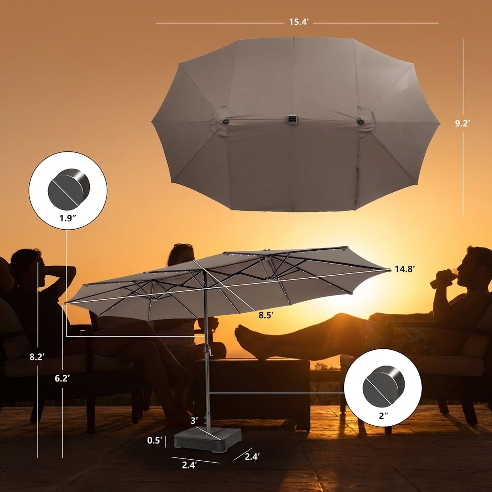 Biotree 15 Feet Double-Sided Patio Umbrella with 48 LED Lights-Brown Outdoor Backyard Deck Garden Pool