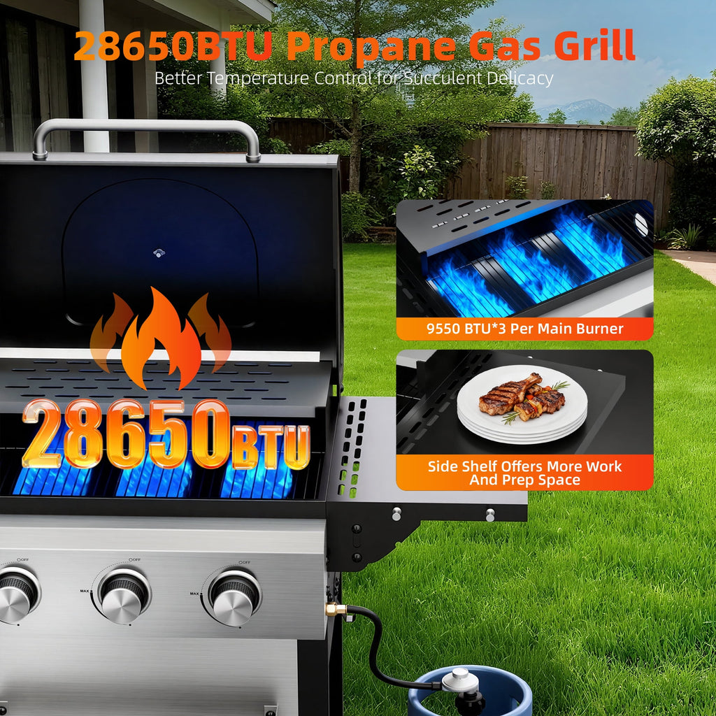 Biotree 3 Burner BBQ Propane Gas Grill, Stainless Steel 26,000 BTU Patio Garden Barbecue Grill with Two Foldable Shelves