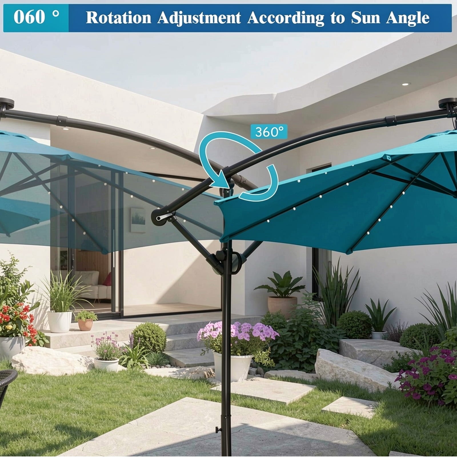 Biotree 10FT 360¡ã Rotation Solar Powered LED Patio Offset Umbrella-Turquoise Outdoor Backyard Hanging