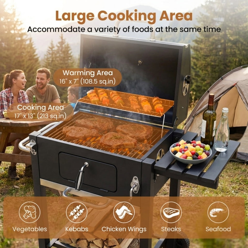 Biotree Portable Outdoor Charcoal BBQ Grill with Adjustable Charcoal Tray, Charcoal Grill on Wheels with Warming Rack, BBQ Smoker Cooker for Backyard Patio Camping Black