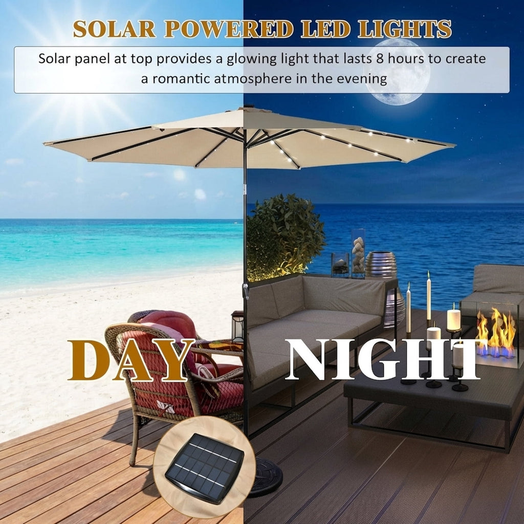 Biotree 10 Solar LED Lighted Patio Market Umbrella Shade Tilt Adjustment Crank-Beige Outdoor Backyard