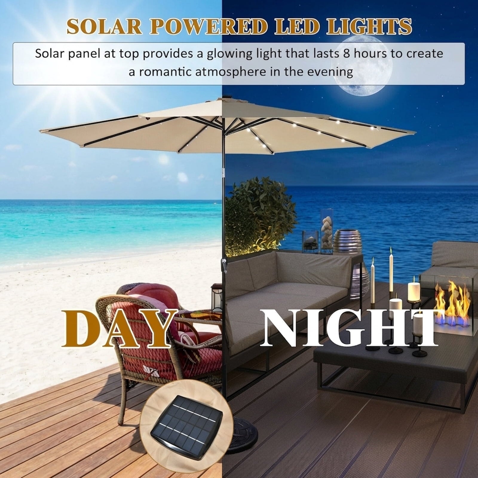 Biotree 10 Solar LED Lighted Patio Market Umbrella Shade Tilt Adjustment Crank-Beige Outdoor Backyard