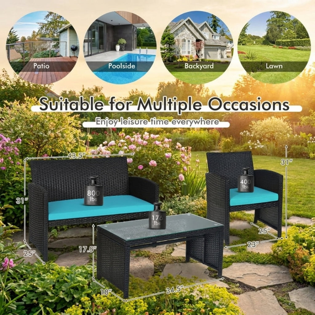 Biotree 4 Pieces Rattan Patio Furniture Set with Weather Resistant Cushions and Tempered Glass TabletopTurquoise
