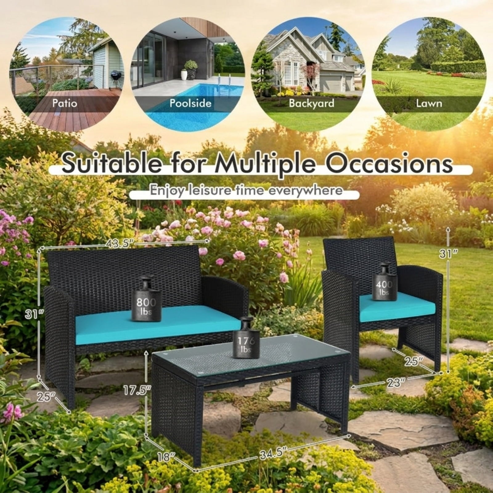 Biotree 4 Pieces Rattan Patio Furniture Set with Weather Resistant Cushions and Tempered Glass TabletopTurquoise