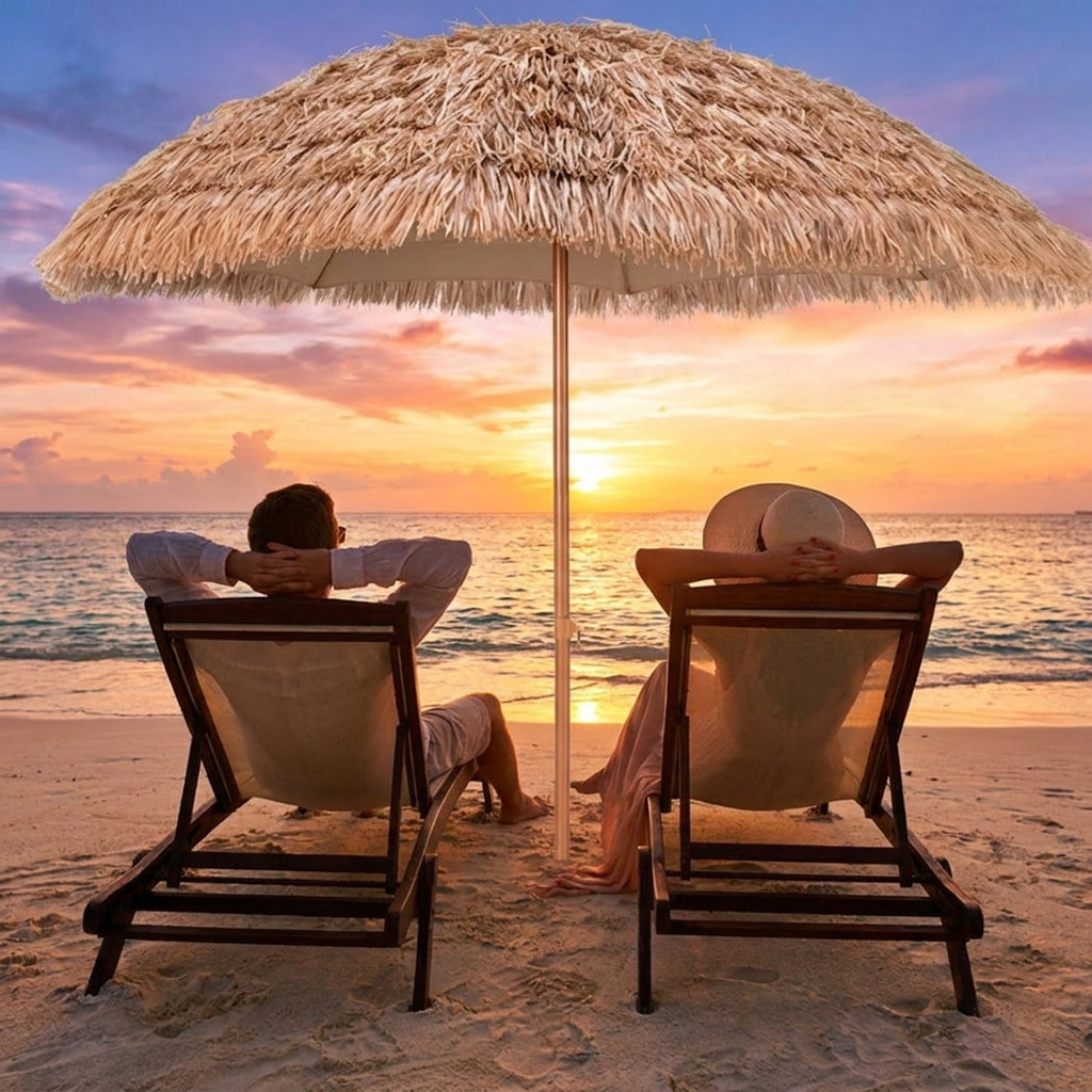 Biotree 8 ft Thatched Tiki Patio Umbrella Crank Tilt Outdoor Shade - Natural - UV Protection with Cross Base
