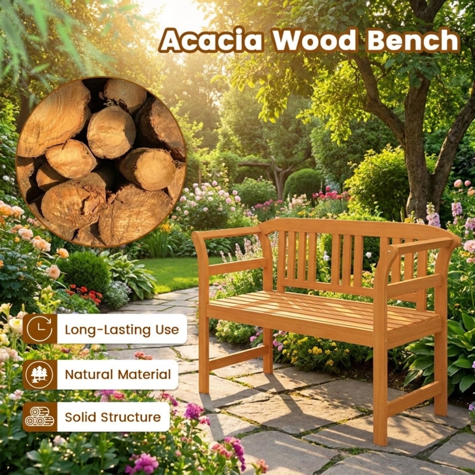 Biotree Acacia Wood 2-Person Patio Loveseat with Backrest and Armrests Stackable Patio Chair for Garden BackyardNatural
