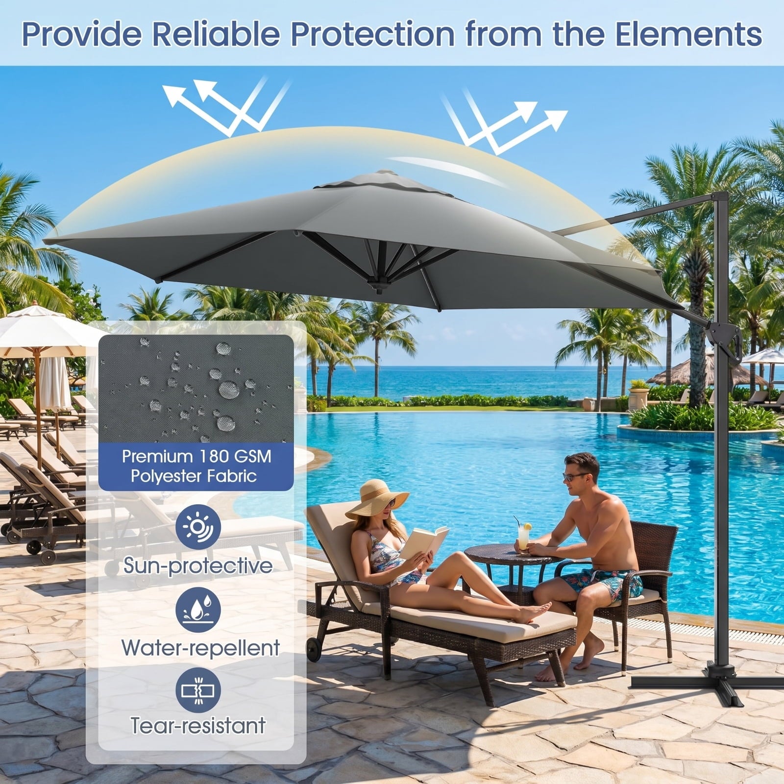 Biotree 9 ft Cantilever Patio Umbrella Offset Hanging with Cross Base, 8 Ribs - Gray for Backyard Garden Poolside