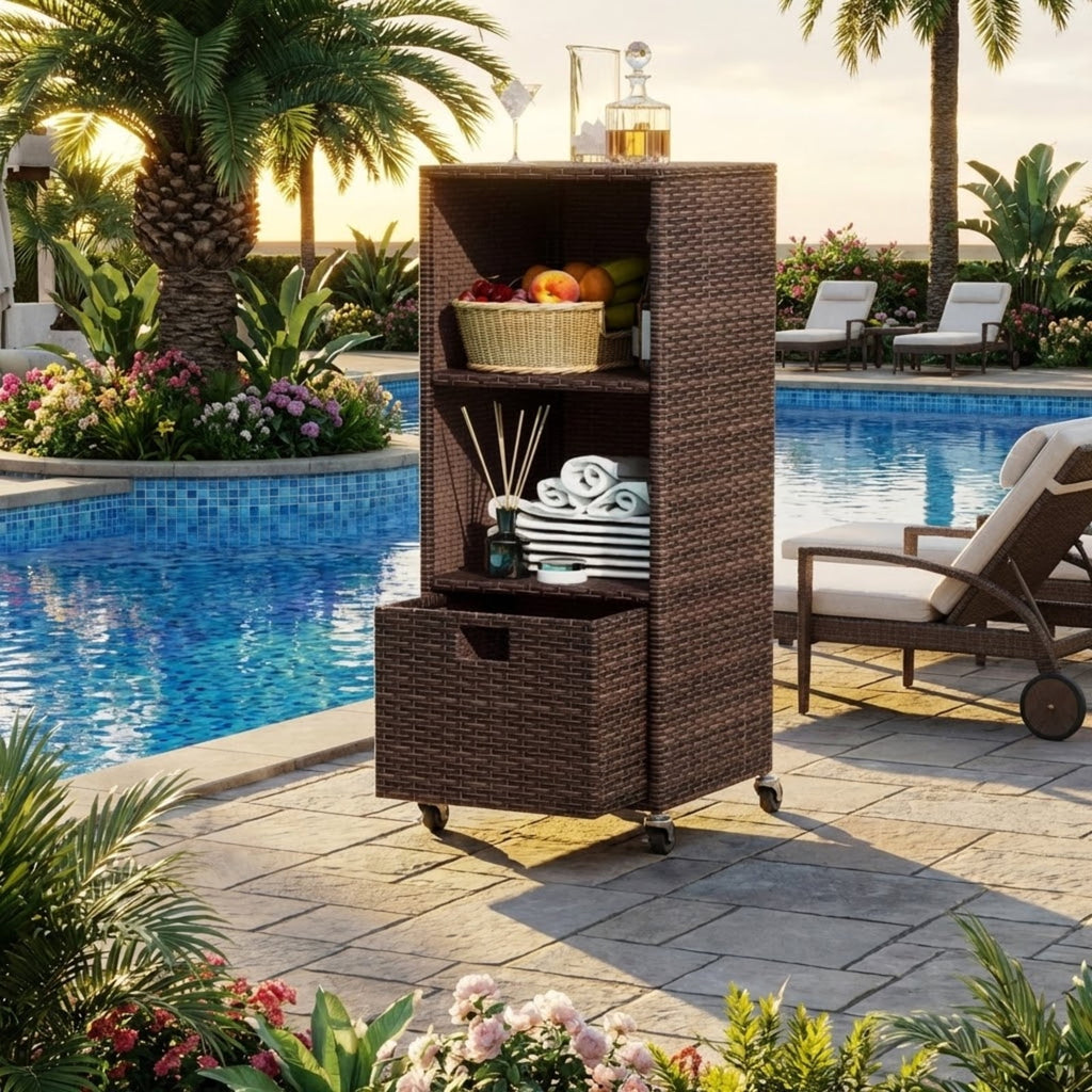 Biotree Outdoor Storage Cabinet with Drawer and 3 Shelves, PE Rattan Tall Deck Cabinet Patio Garden Console for Backyard Porch Deck Poolside, Mix Brown