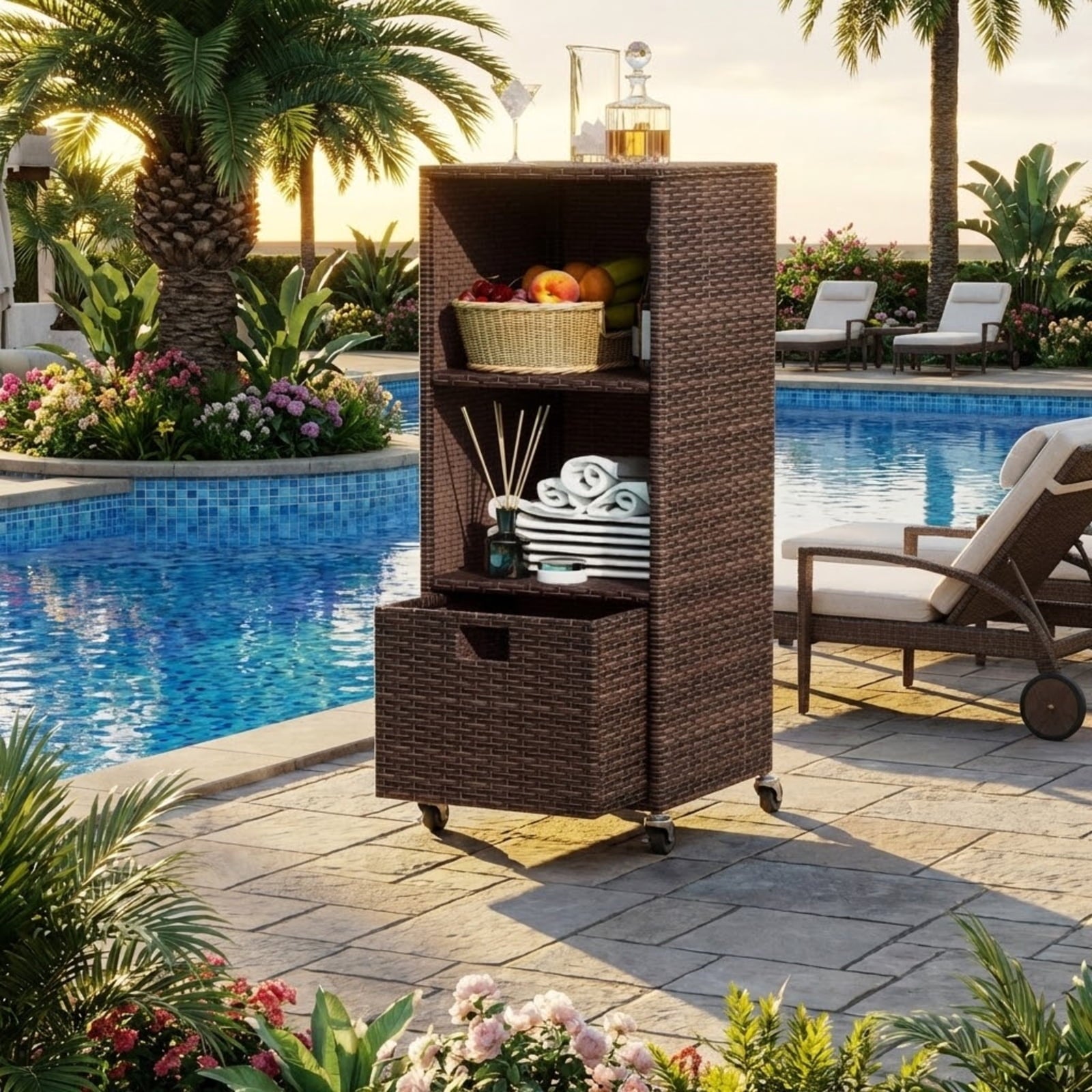 Biotree Outdoor Storage Cabinet with Drawer and 3 Shelves, PE Rattan Tall Deck Cabinet Patio Garden Console for Backyard Porch Deck Poolside, Mix Brown