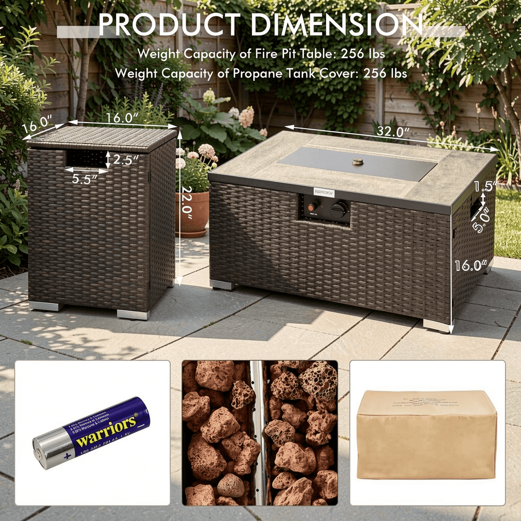 Biotree 32 x 20 Inch Propane Rattan Fire Pit Table Set with Side Table Tank and Cover for Outdoor Patio Backyard Garden Camping, Brown