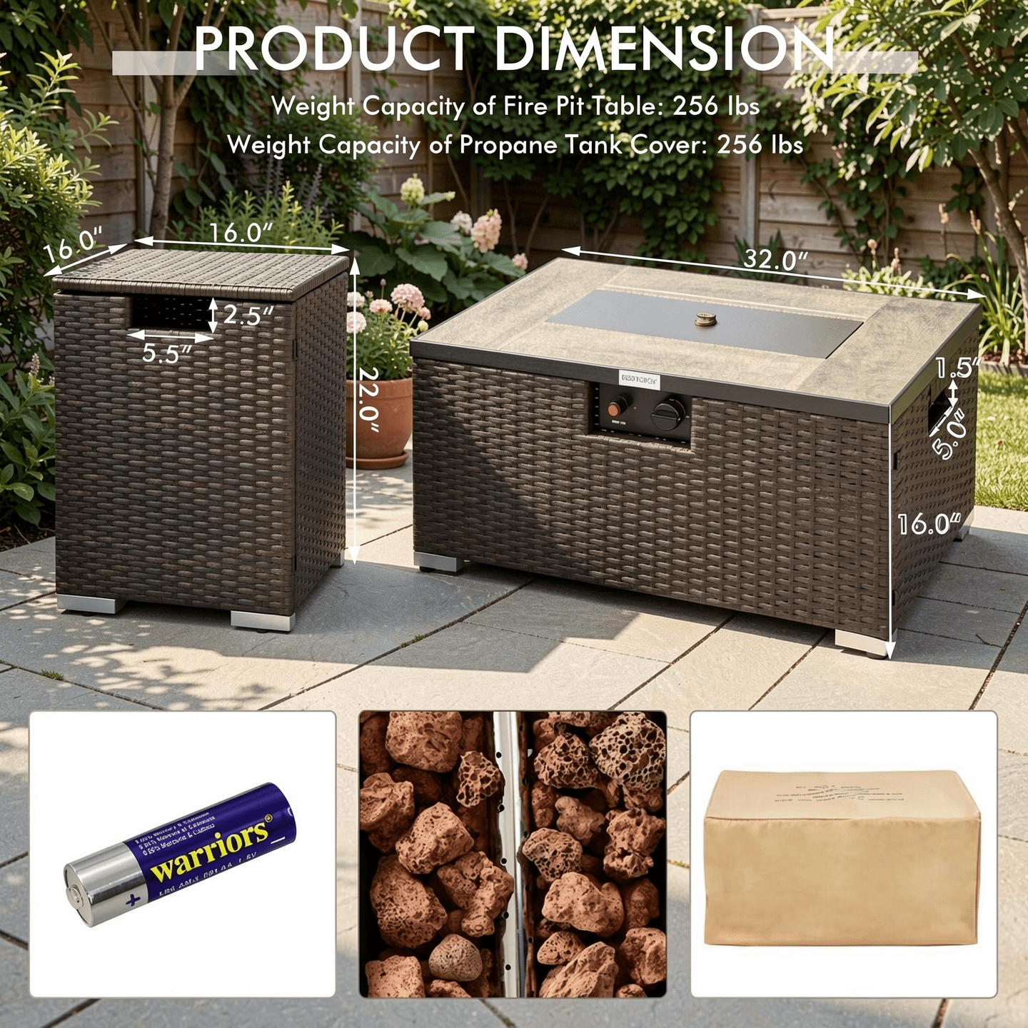 Biotree 32 x 20 Inch Propane Rattan Fire Pit Table Set with Side Table Tank and Cover for Outdoor Patio Backyard Garden Camping, Brown