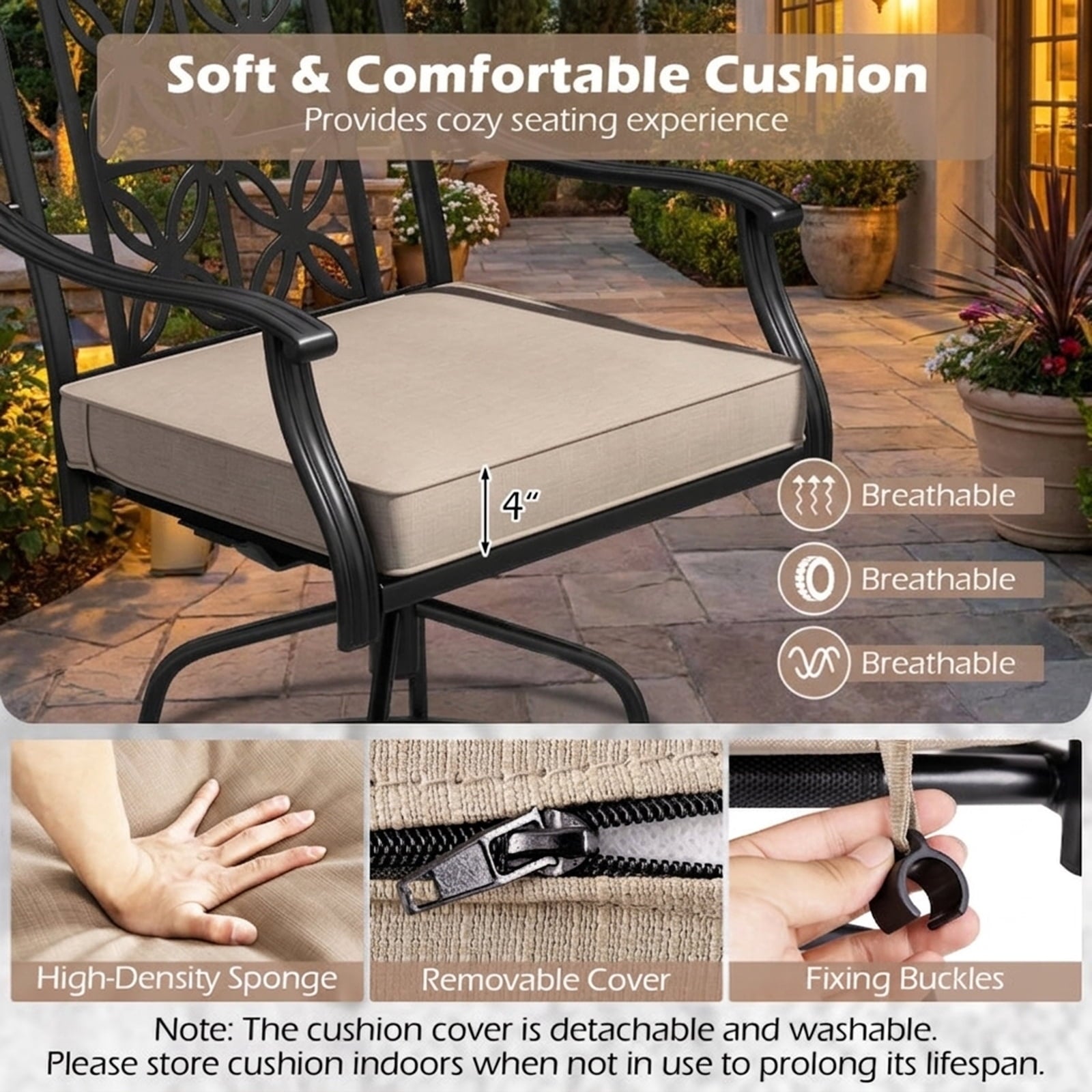 Biotree Set of 2 Outdoor Swivel Bar Stools with Cushioned Seats and Armrests, Brown - Outdoor Patio Bar Height Chair with Footrest