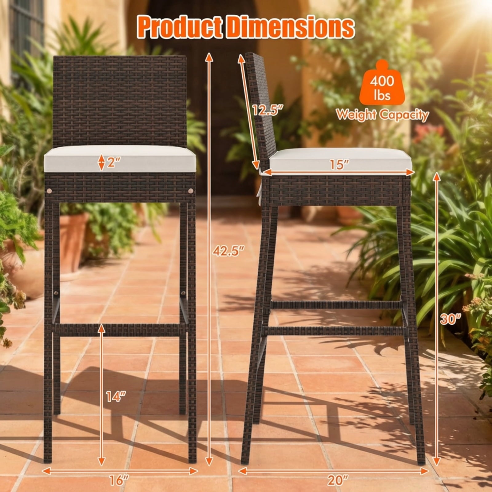 Biotree Set of 4 Patio Wicker Barstools with Seat Cushion and Footrest, PE Rattan Outdoor Bar Height Chairs with Metal Frame for Backyard Deck Garden Poolside, Mix Brown