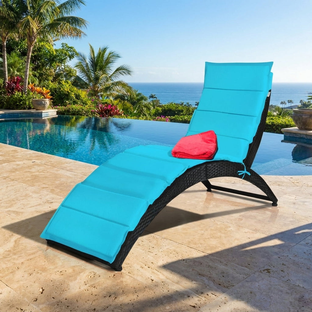 Biotree Folding Patio Rattan Portable Lounge Chair Chaise with Cushion Stackable Patio Chair for Garden BackyardTurquoise
