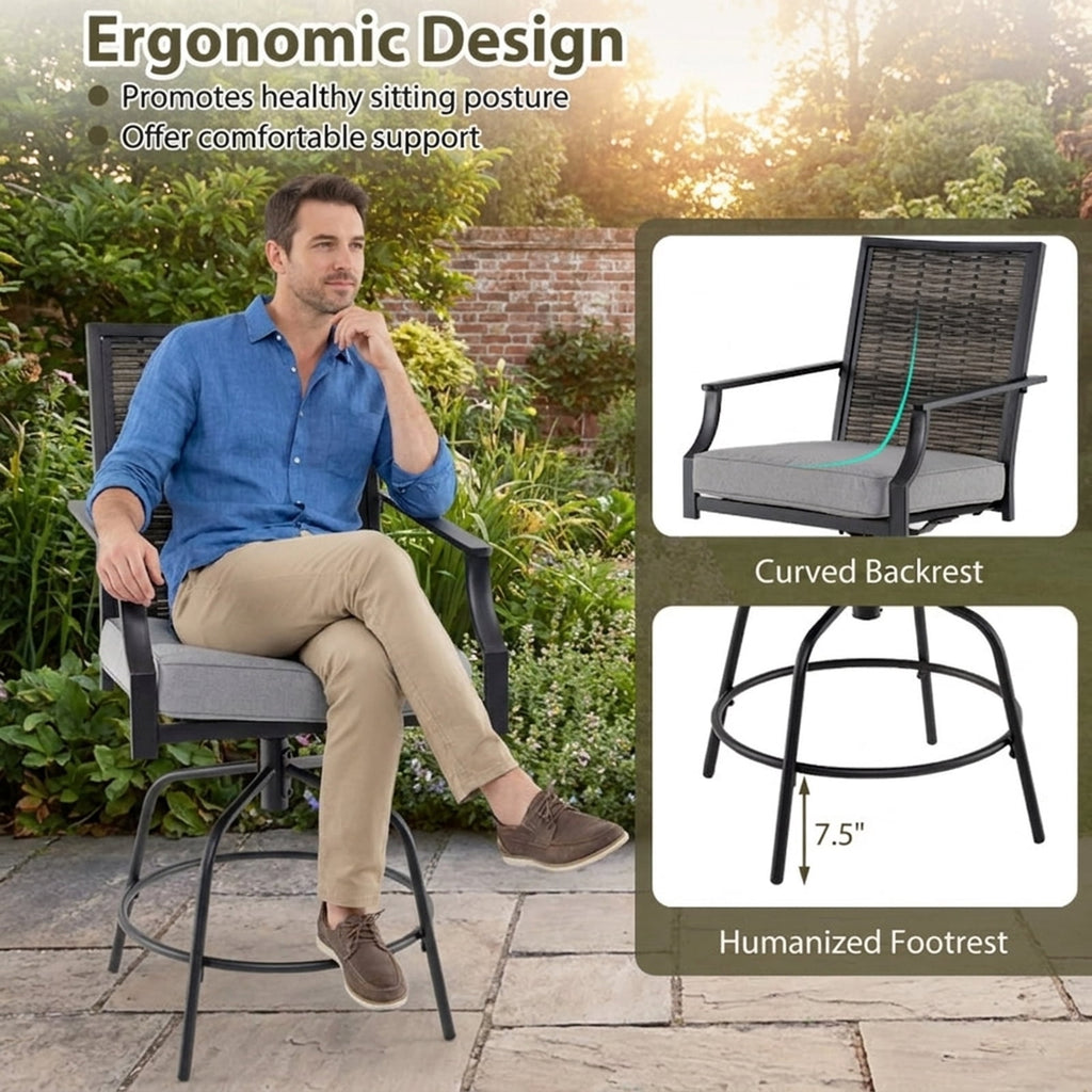 Biotree Set of 2 Outdoor PE Wicker Swivel Bar Stools 24-Inch Counter Height Patio Bar Chairs with Backrest, Grey